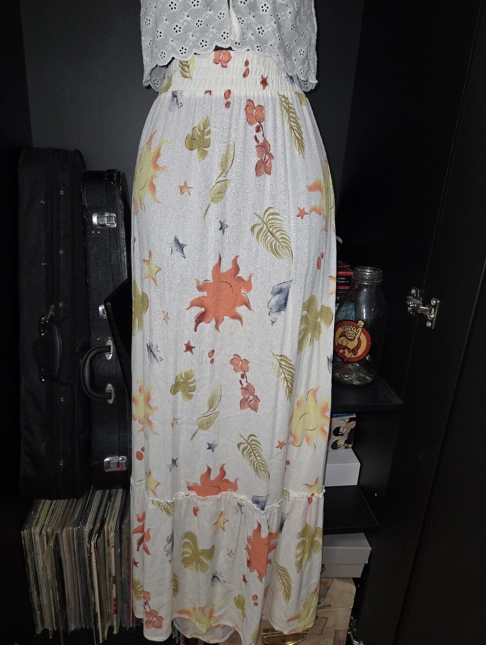 SO Celestial Sun Star Palm Print Tiered Maxi Skirt High Waist Cream Medium